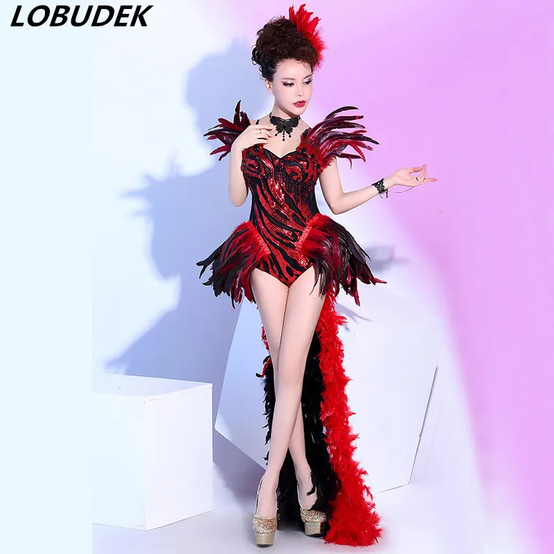 

Nightclub Bar Women Singer Stage Performance Costume Red Feather Backless Sequins Bodysuit Spanish Bullfighting Dance Clothes