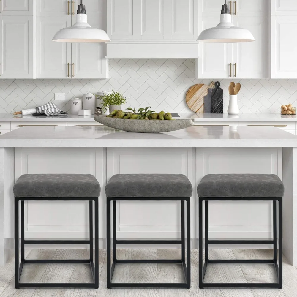 Bar Stools Set of 3 - Thick Cushion Metal Steel Frame Base with Footrest Kitchen Stools, Grey Bar stools