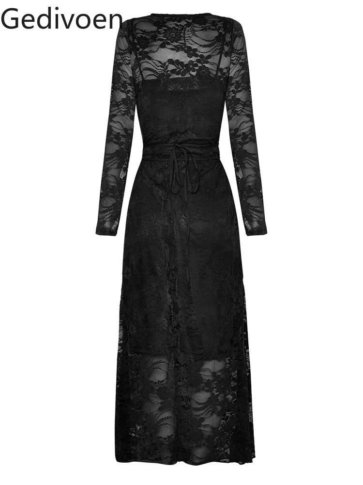 Gedivoen Fashion Runway Designer Skirts Suit Spring Women Lace Long sleeve Top + Black Slim Sexy Sheath Skirts two piece suit