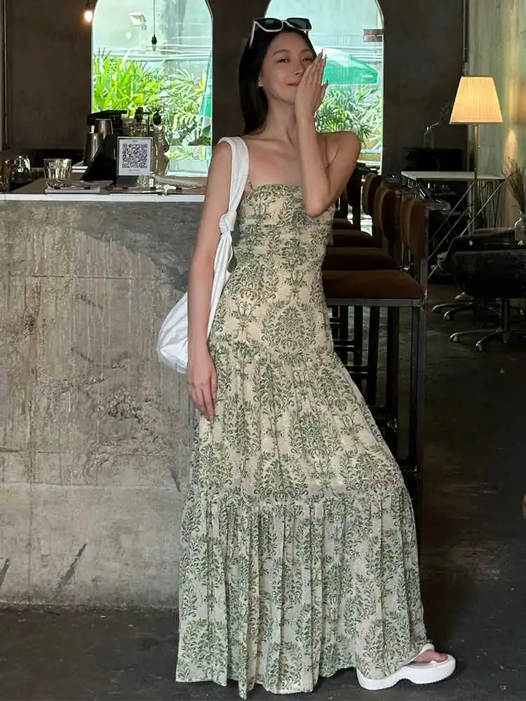 

Clothland Women Stylish Green Print Midi Dress Backless Sleeveless One Piece Slim Holiday Beach Wear Dresses Vestido QE062