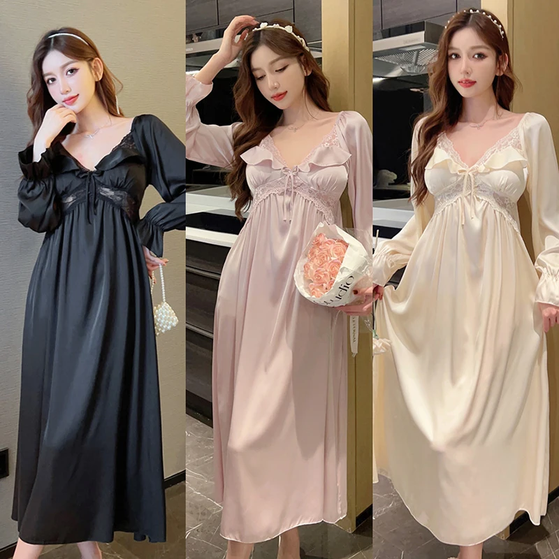 Women\'s Nightdress Autumn Long Sleeve Sleepwear Satin Palace Style Homewear Ladies Silky Lace Nightgown Nightwear with Chest Pad