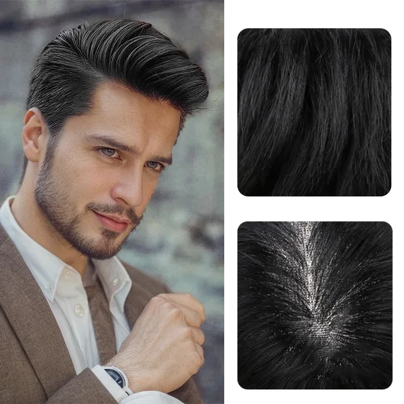 Parche de pelo de repuesto para hombre, cabello Real, tejido a mano, ligero, malla de seda de una sola capa, transpirable, peluca Invisible para la frente