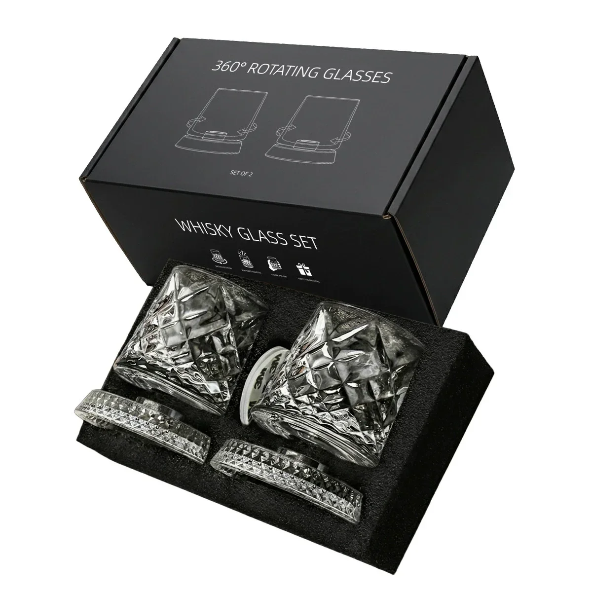 2PCS Rotating Whiskey Glasses with Base 360 Degree Crystal Whiskey Tumbling Glass Set for Gathering Home Bar Cocktail Gift Box