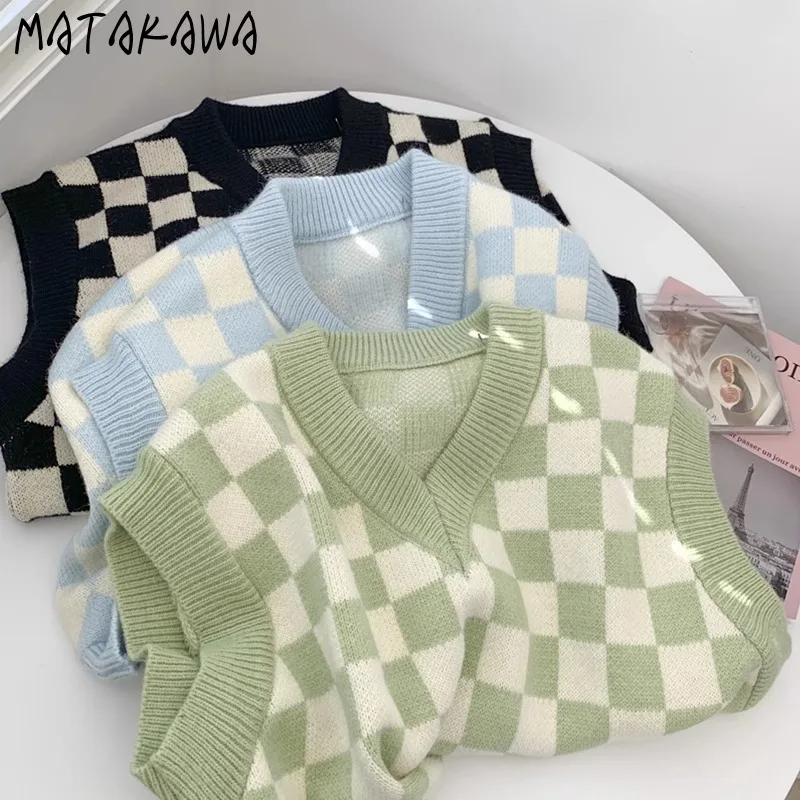 Matakawa Plaid Sweaters Women Tops Autumn Winter Japanese Style V Neck Basics Vests Fashion Contrast Color Sweet Pull Femme