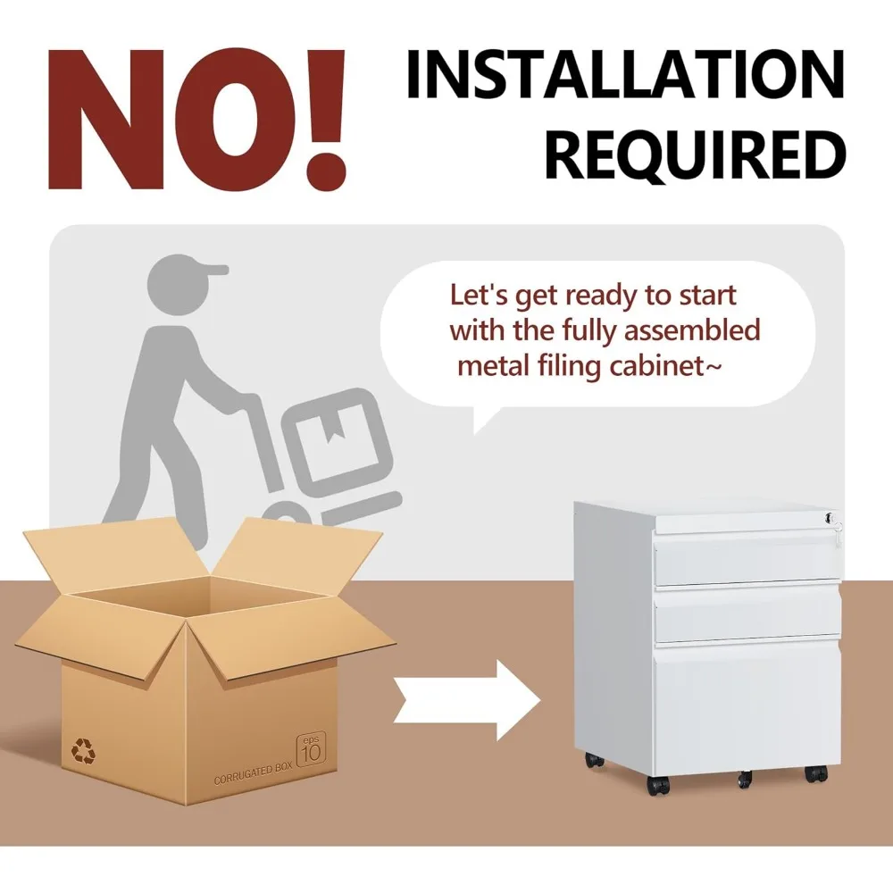 Secure Rolling Metal File Cabinet with Lock, Mobile Under Desk Storage for A4/Letter Size Documents