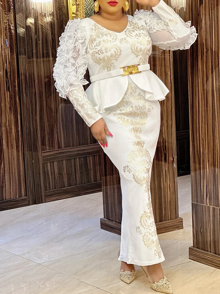 

Luxury Wedding Party Evening Dresses For Women African Dashiki Sequin Mermaid Robe Elegant Long Sleeve Dress Africa Clothing