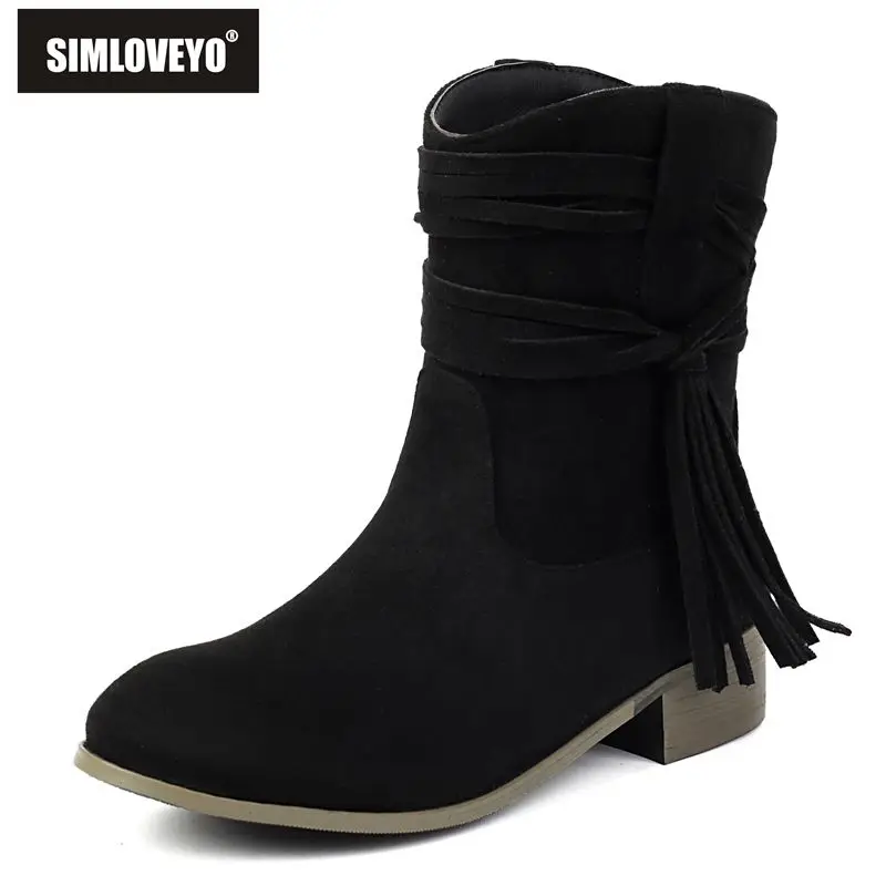 

SIMLOVEYO New 2025 Women's Tassels Mid-Calf Boots Round Toe 3cm Thick Bottom Slip-On Flock Suede Hot Plus Sizes 45-48 Green