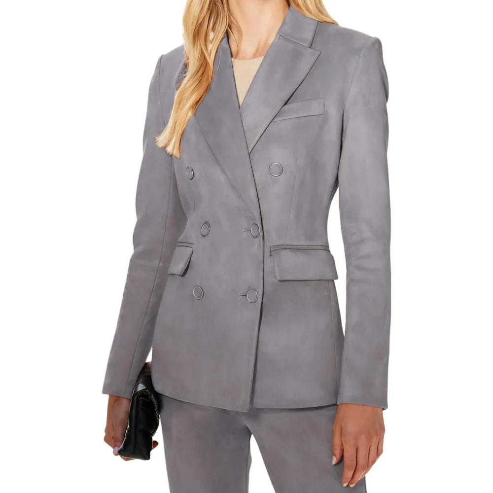 

Женский костюм из искусственной замши из двух предметов, нарядный офисный брючный костюм, двубортный пиджак, брюки, деловой костюм, комплект для женщин