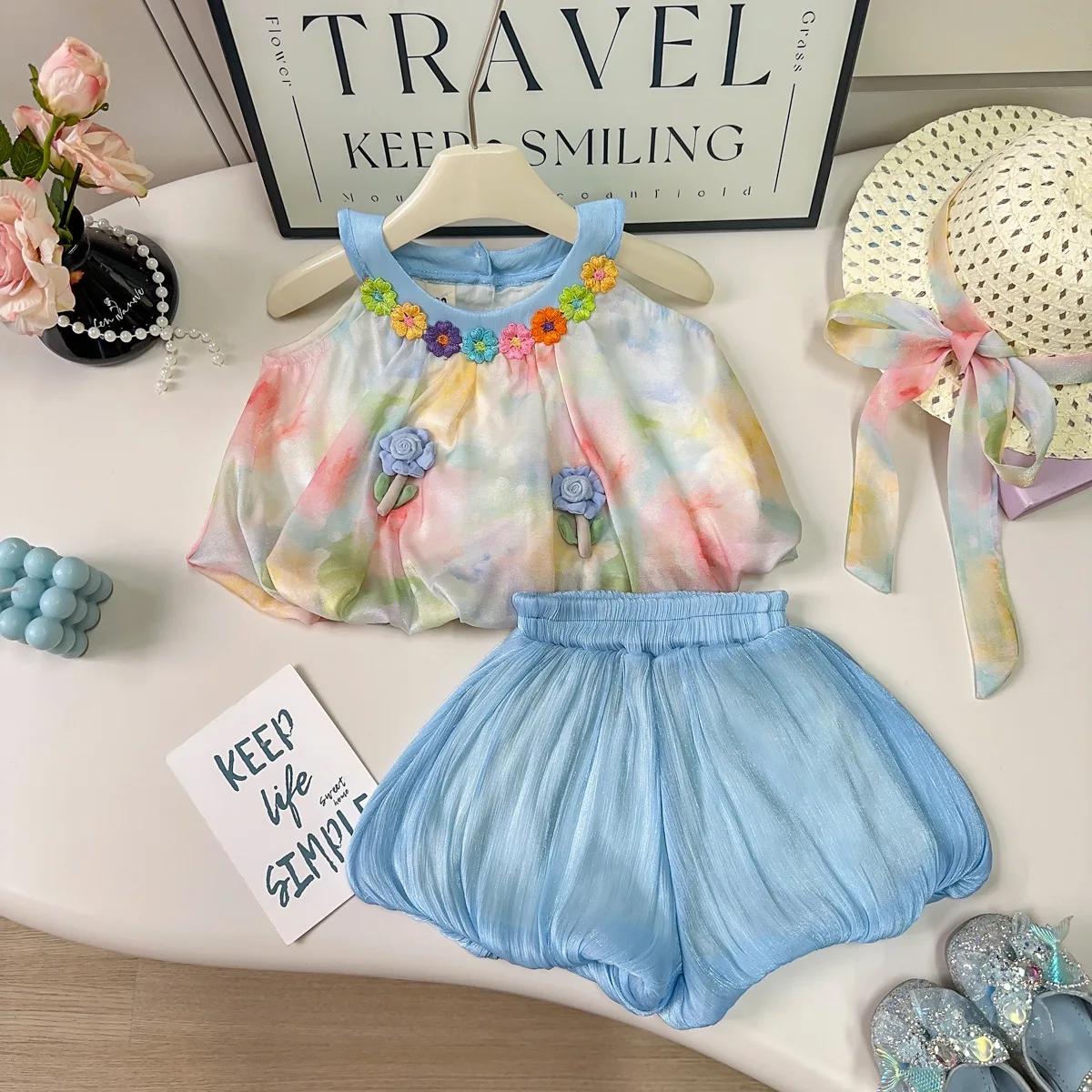 Girls Summer New Style Ladies Treasure Fashion Summer Hanging Neck Vest Top Shorts Two Piece Set