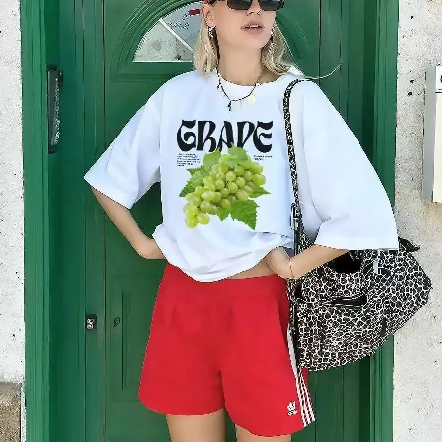 Vielseitiges T-Shirt im Western-Stil mit frischem Trauben-Print für den Sommer 2026 – Kurzarm, Baumwolle, Damen, lässig, High-Streetwear-Oberteil
