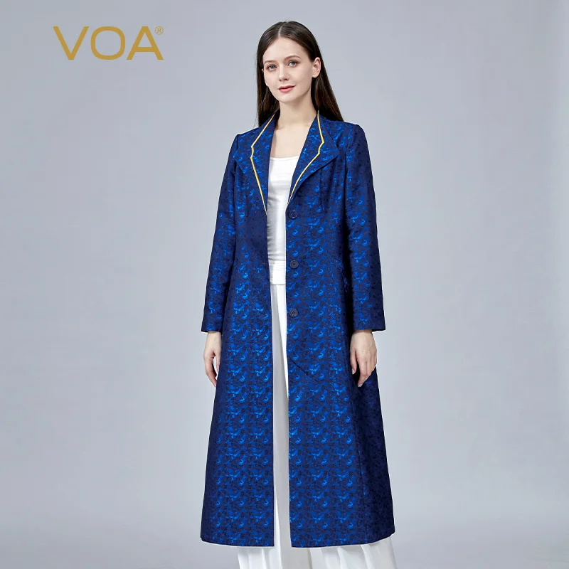 

100% Real Silk Yarn-dyed Jacquard Suit Collar Long Sleeve Single Breasted Side Pockets Classic Luxury Long Trench Coat FE207