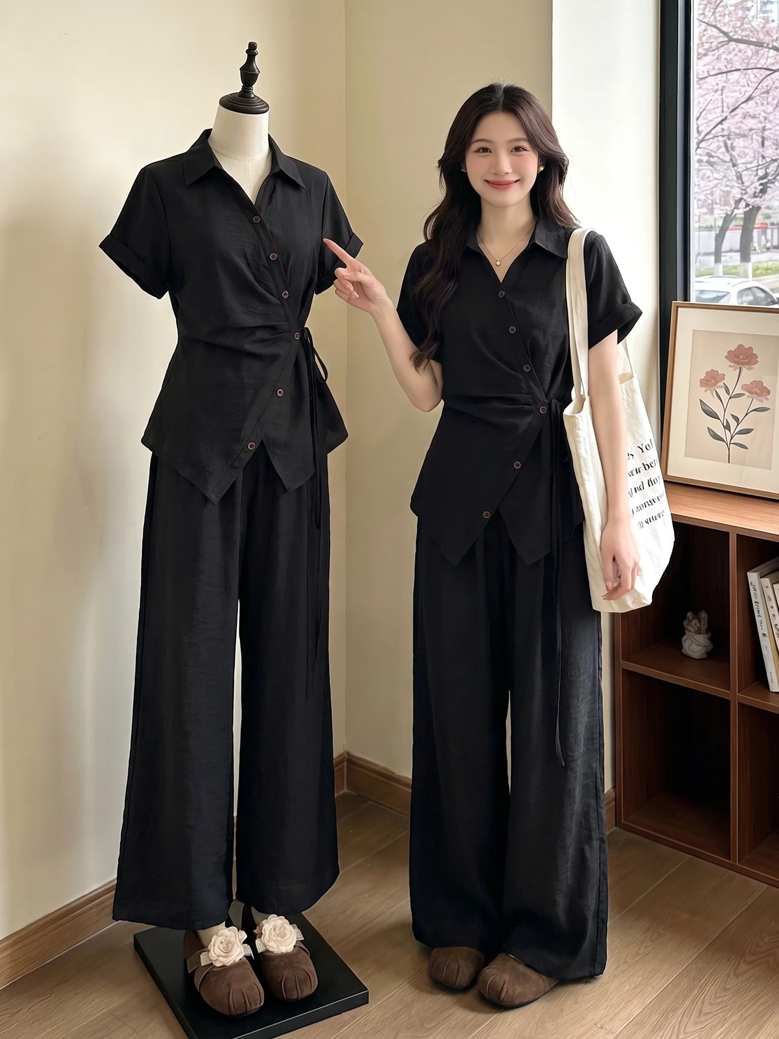 plus Size Women's Summer Fashion Set Cotton Linen Waist Cinched Shirt Wide Leg Pants Two Piece Suite Old Money Style