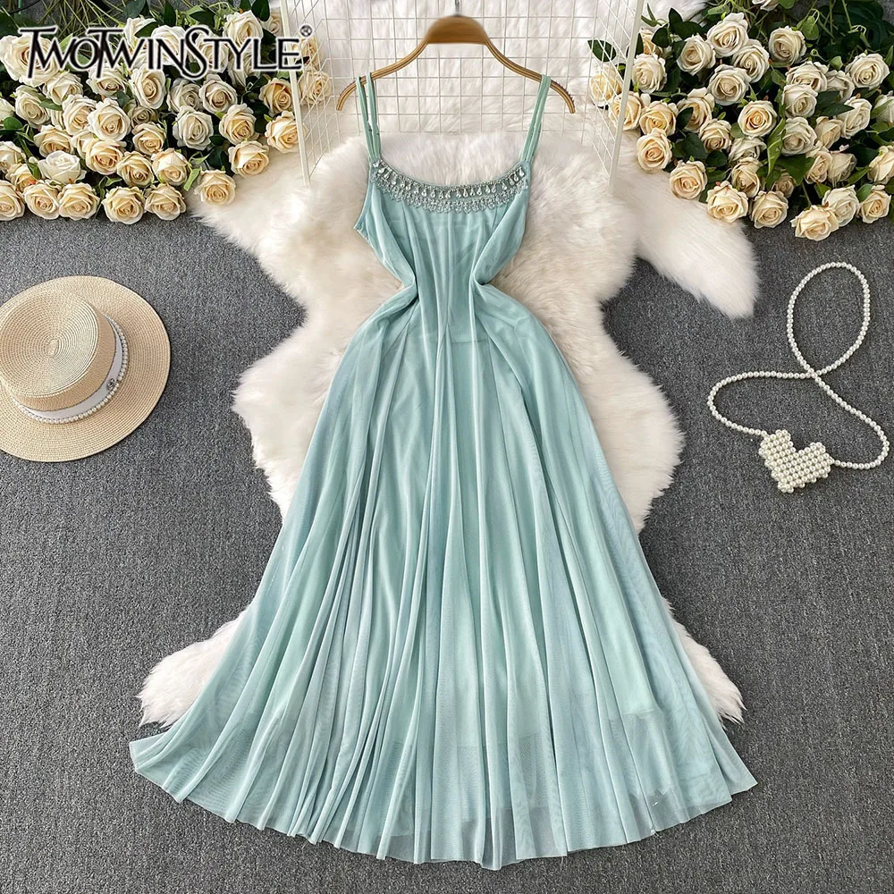 

TWOTWINSTYLE Loose Solid Draped Sexy Dresses For Women Square Collar Sleeveless High Waist Temperament Dress Female KDR541942