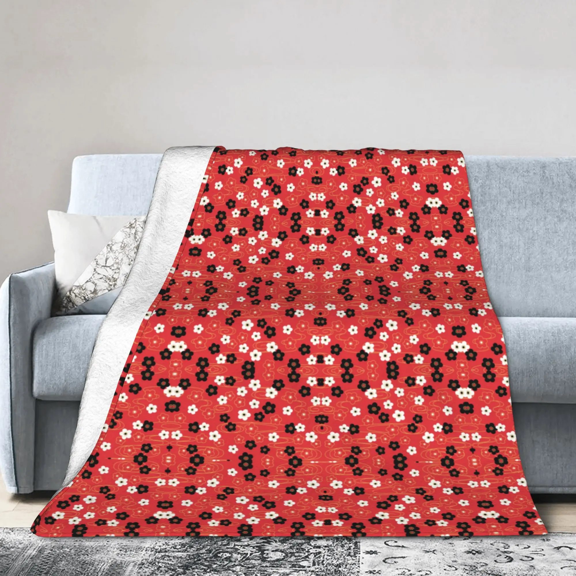 Custom 3D Print Japanese Red Sakura Cherry Blossom Flowers Blankets Breathable Soft Flannel Winter Japanese Throw Blanke
