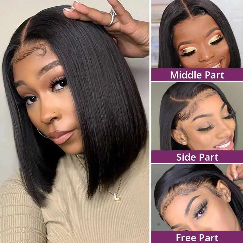 Perruque Bob Lace Front Wig naturelle lisse, cheveux courts, 4x4, densité 180%, pour femmes africaines