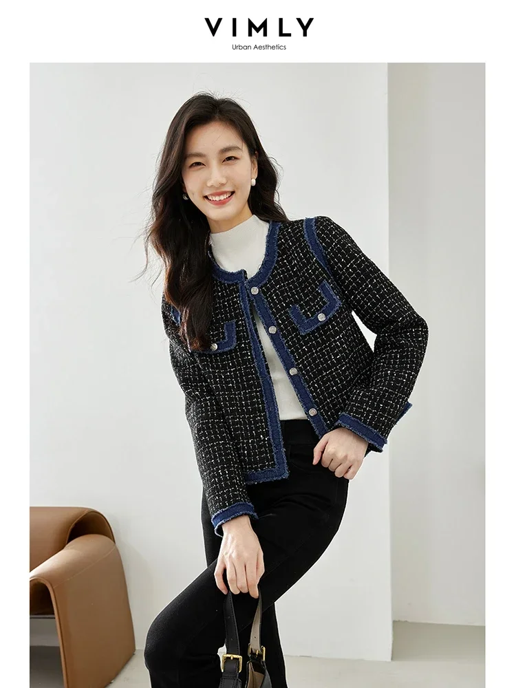 

Vimly Black Plaid Cropped Tweed Jacket Long Sleeve Women's Coat 2023 Elegant Straight O-neck Autumn Jacket Female Clothing M3285