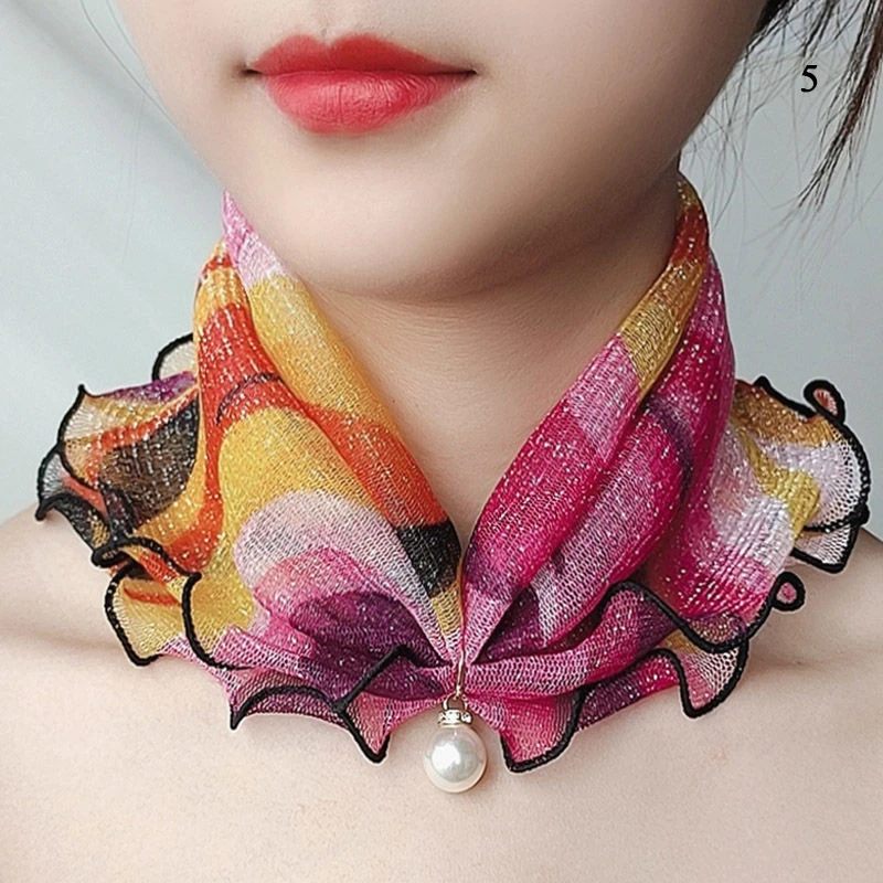 Spring Organza Neck Collar Print Shiny Variety Loop Scarf Ruffle Lace Scarf Pearl Pendant Chiffon Scarves Bandana Thin Headband