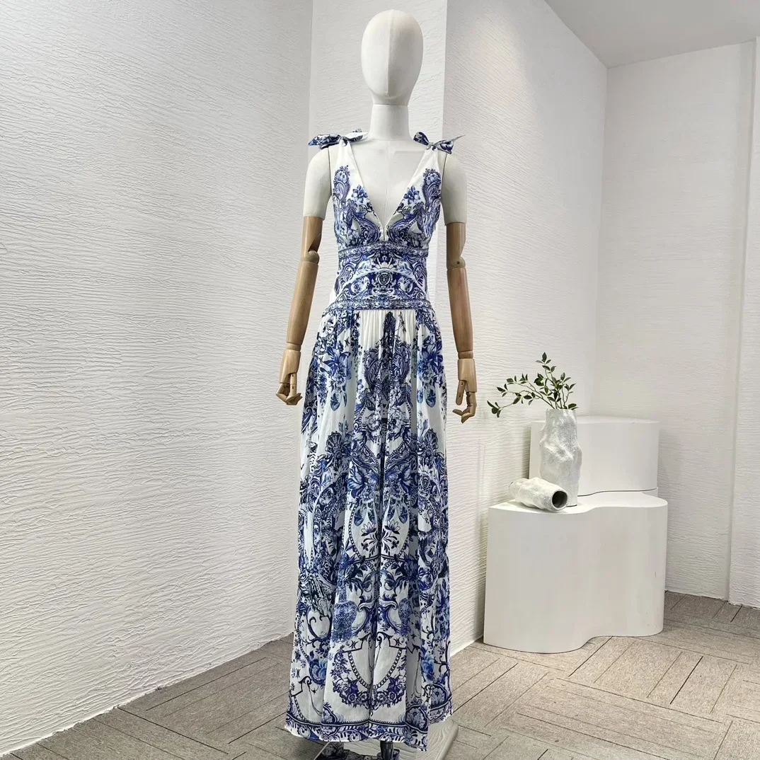 

Elegant Women Maxi Dresses Blue and White Porcelain Floral Print Sleeveless Deep V Neck Dress High Quality for Holiday Party