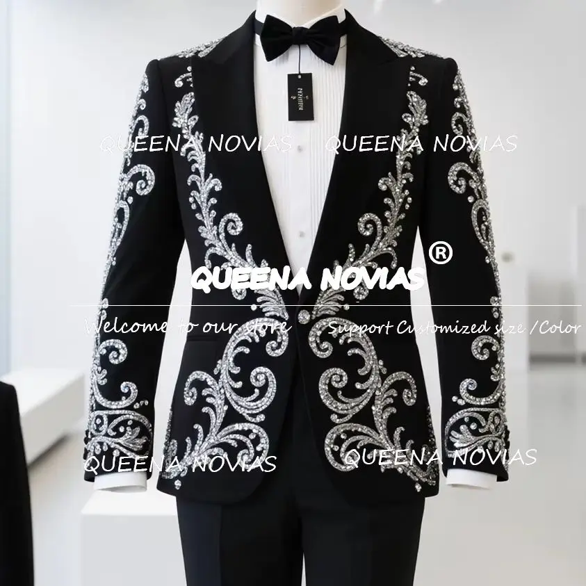 

Brilliant Sliver Beads Stones Suits Men 2 Pieces Sets Luxury Groom Party Blazers Customized Single Breasted Velvet Groom Tuxedos