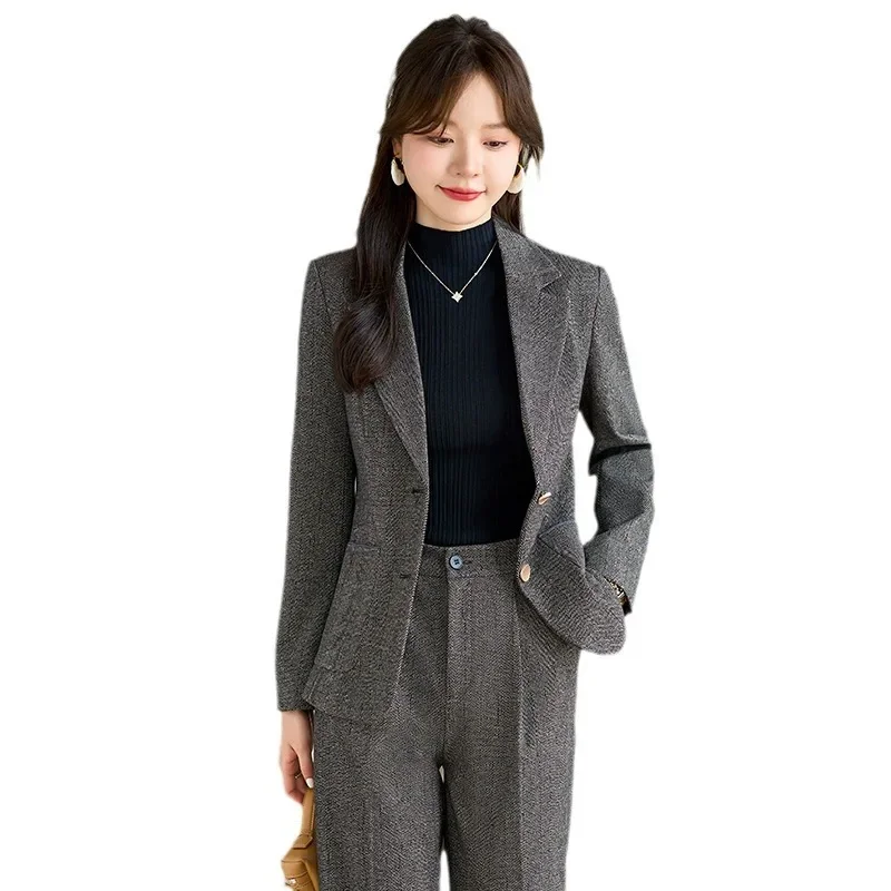 Pop High Quality Fabric Velvet Autumn Winter Women Business Work Wear Suits Pantsuits Formal OL Styles Professional Trousers Set