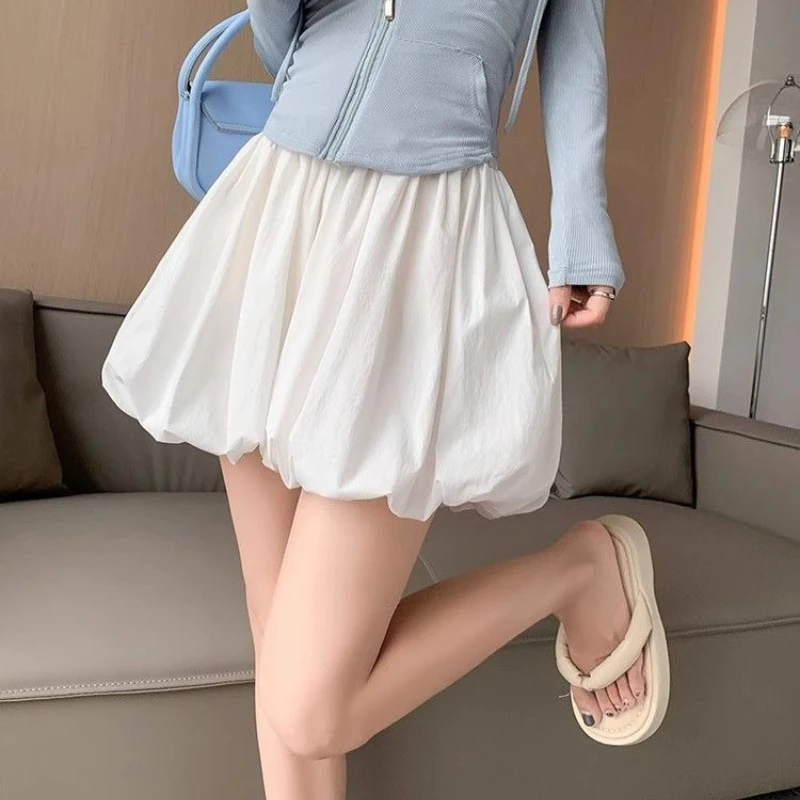 Korean White Cute Bud Shorts Skirts Women Chic High Waisted Bubble A-line Short Skirt Elastic Waist Solid Casual Ball Gown Skirt