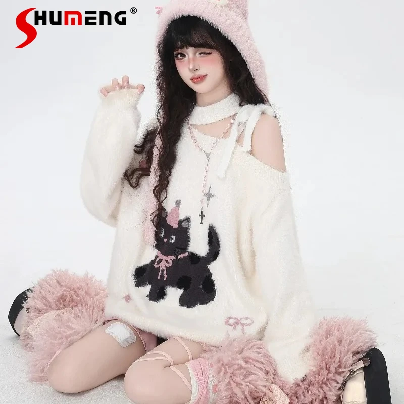 اليابانية Y2k الكرتون لطيف جرلي خارج الكتف لينة فو المنك محبوك سترة الخريف الشتاء جديد طويل الأكمام تريكو المرأة