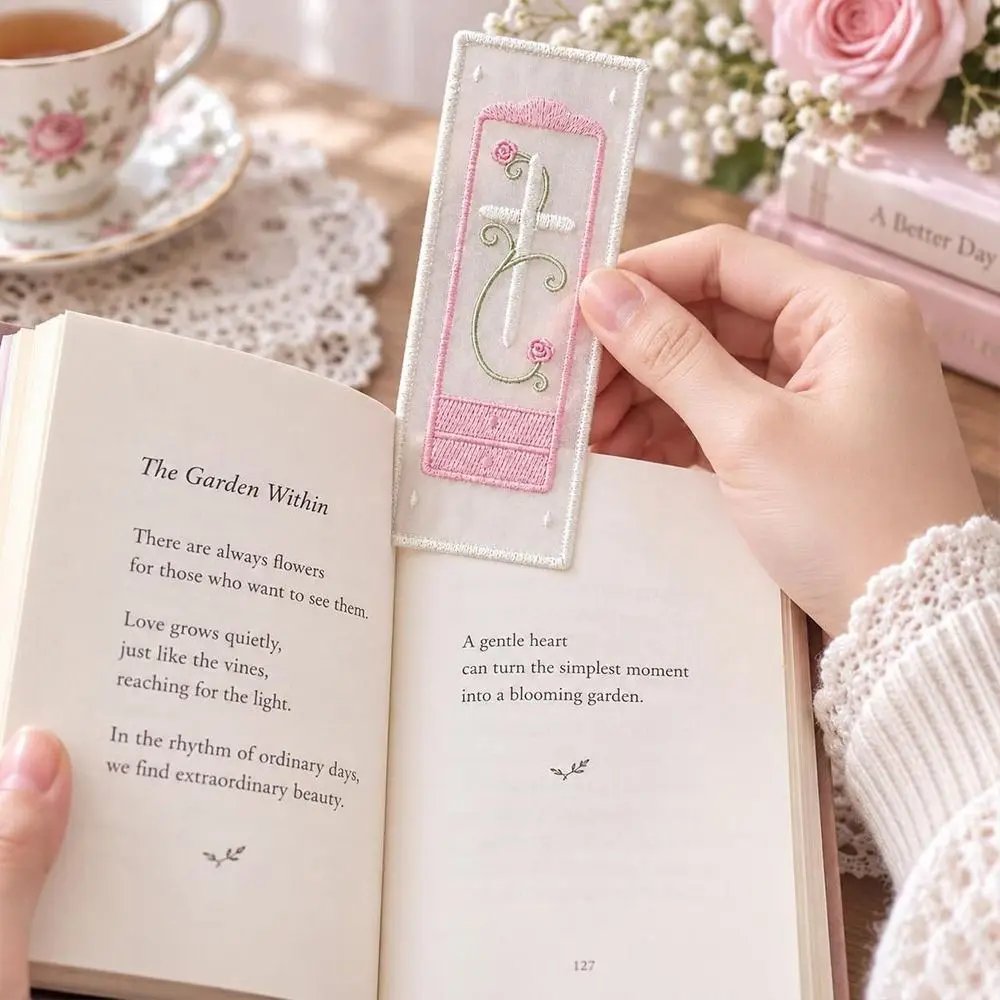 Organza Rose Embroidered Bookmark Embroidered Detail Vine Window Style Reading Marker Heart and Cross Styles Rose Pattern