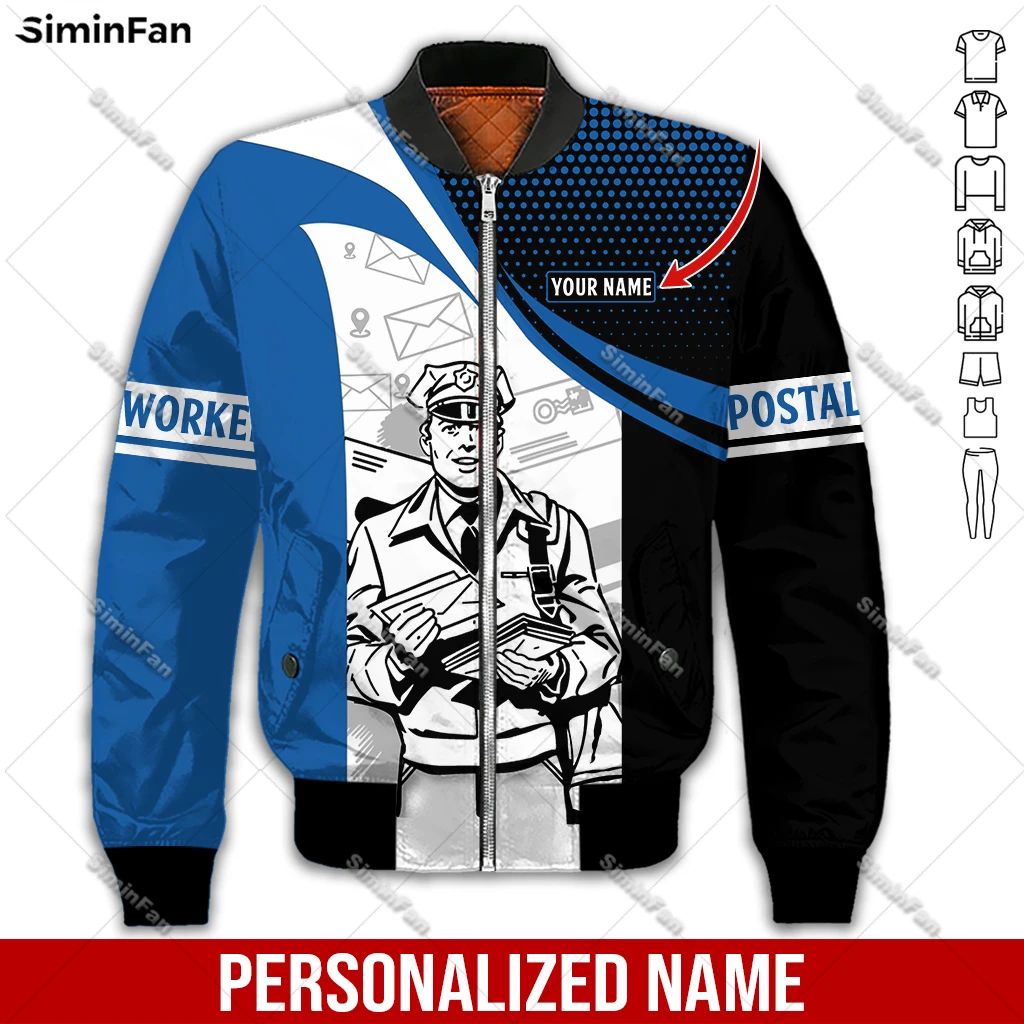 

Custom Name Postal Worker 3D Printed Mens Winter Autumn Bomber Jacket Male Quilted Cotton Coats Unisex Women Windproof Outwear