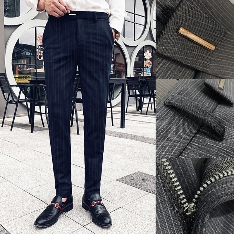 Pants Men\'s High Quality Fit Business Suit Men\'s Stripe Pant Solid Color Slim Fit Casual Dress Suit Trousers Mans New Streetwear