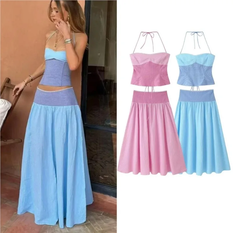 Color Block Halter Cami Top & Long Skirt 2 Piece Dress Set Halter Crop Top High Waist Flowy Maxi Skirt Vacation Outfit 260701