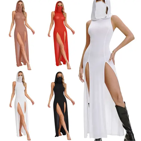 Womens Sexy See Through High Slit Maxi Dress Gothic Sheer Mesh Hooded Sleeveless Side Slit Lingerie Dress Club Party Rave Outfit