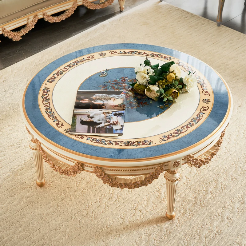 ！@High-end Classical Round Coffee Table for Living Room Furniture Set Luxury Elegant Solid Wood Center Table