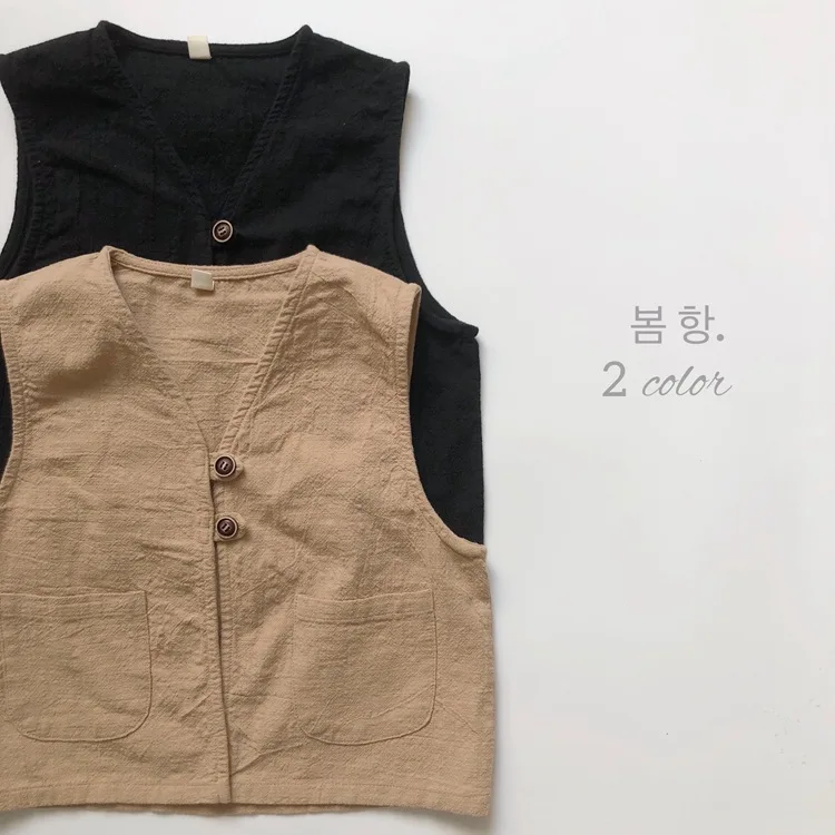 Spring Autumn Korean Toddler Boys Waistcoat Cotton Solid Sleeveless Pockets Retro Kids Boys Vest Children Boys Tank Tops