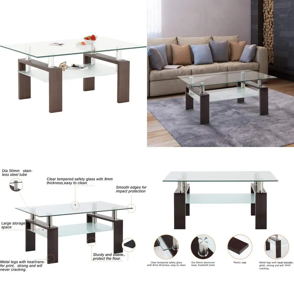 

Rectangular Tempered Glass Coffee Table with Metal Legs for Living Room, Modern and Durable End Table