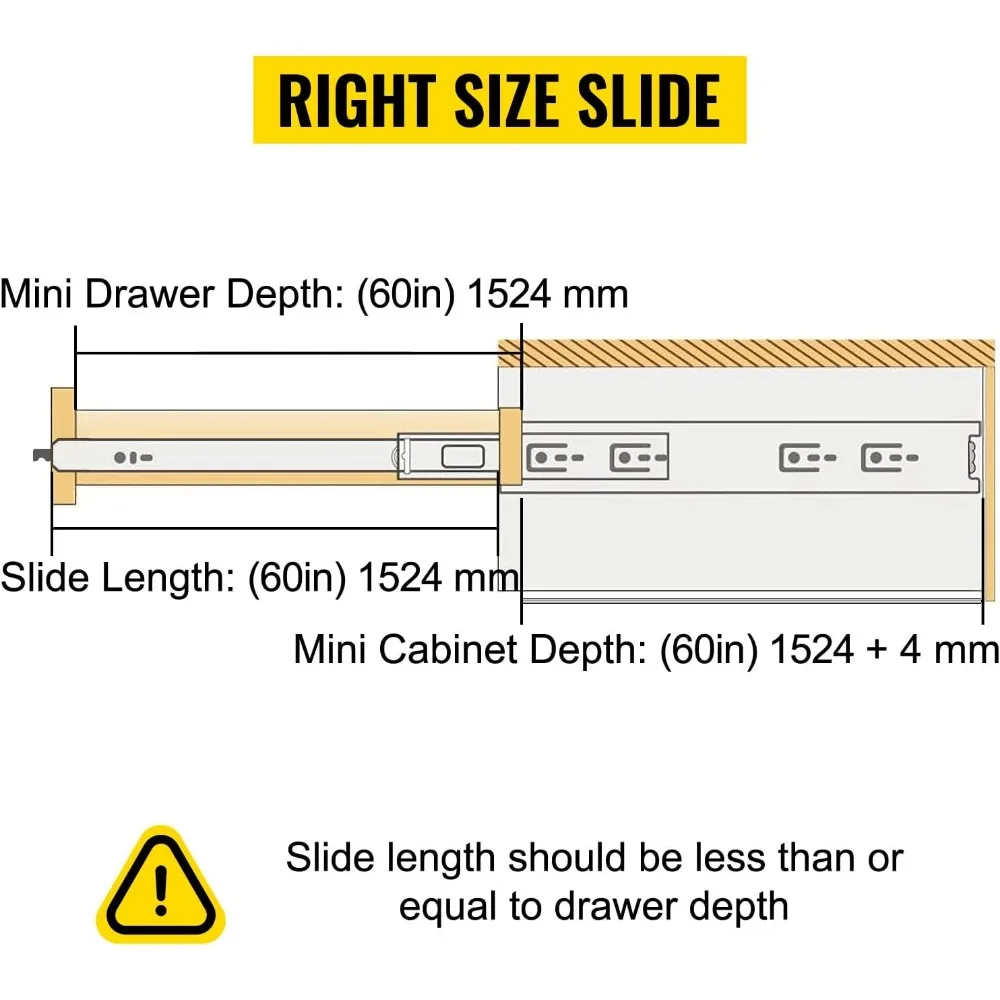 Rel Laci Pengunci 60 Inci dengan Kapasitas 500 lbs, Rel Bantalan Bola Pemasangan Samping untuk Laci Panjang yang Dapat Ditarik Sepenuhnya