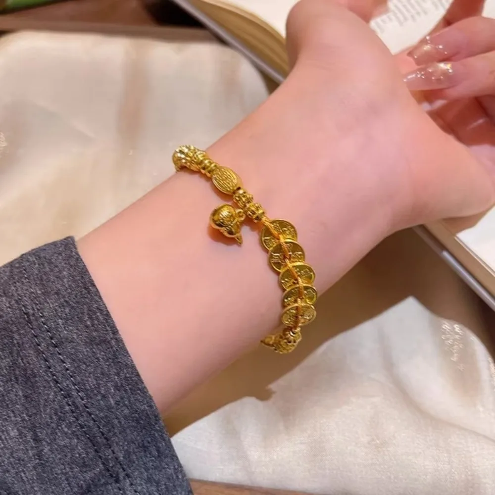 Retro Brushed Finish Coin Pendant Bracelet Exquisite Jewelry Gift Gourd Bracelet Gold Color Bead Bracelet For Women