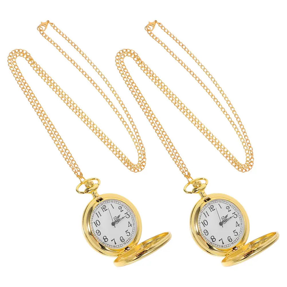 2Pcs Vintage Watch Necklace Smooth Pocket Watch with Quartz Movement Large Easy Read Dial Dual Sided Polish for Women Men