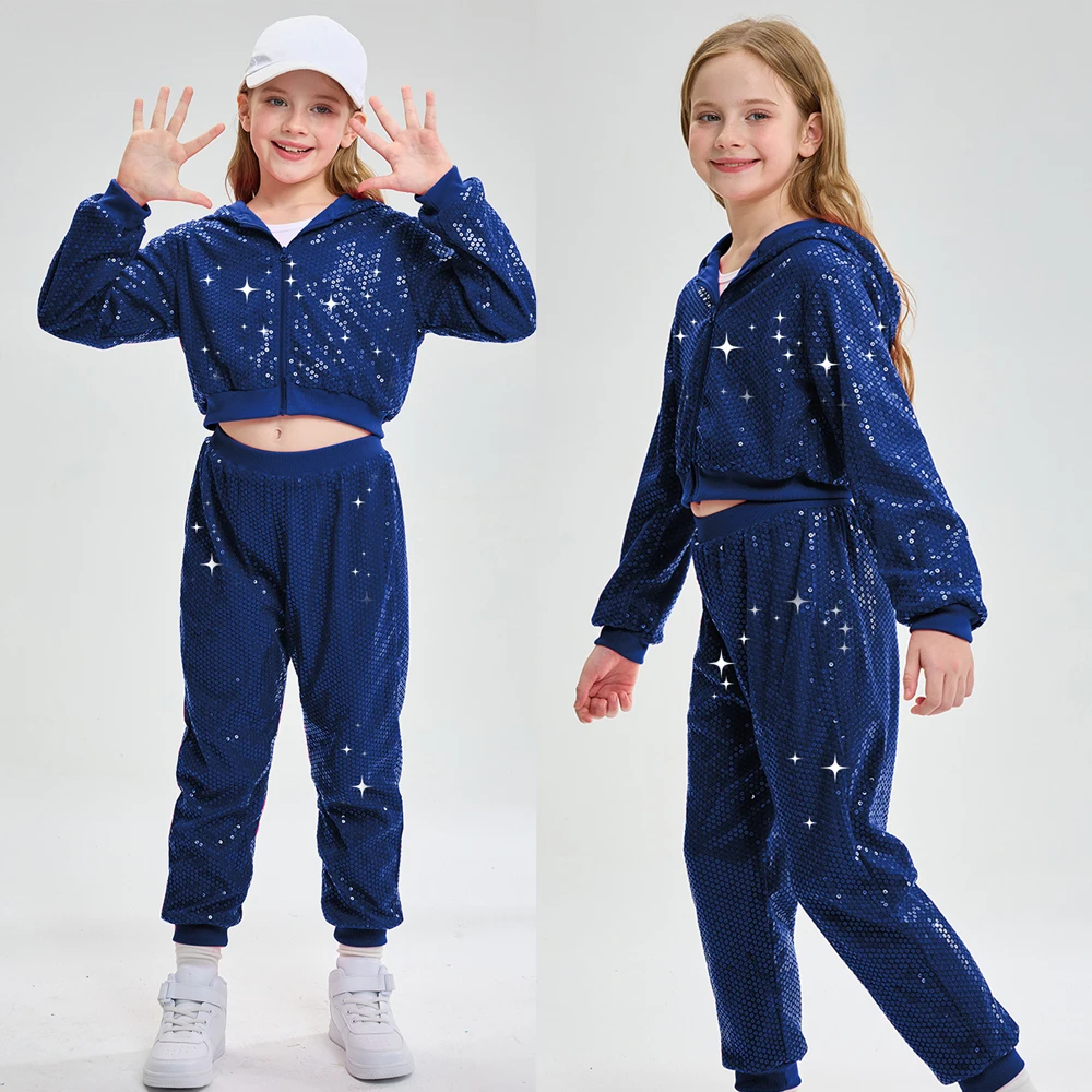 LOlanta 2Pcs Girls Sequin Hooded Jacket & Pants Set Kids Hip Hop Dance Clothing Theme Party Outfits for 5-12 Years