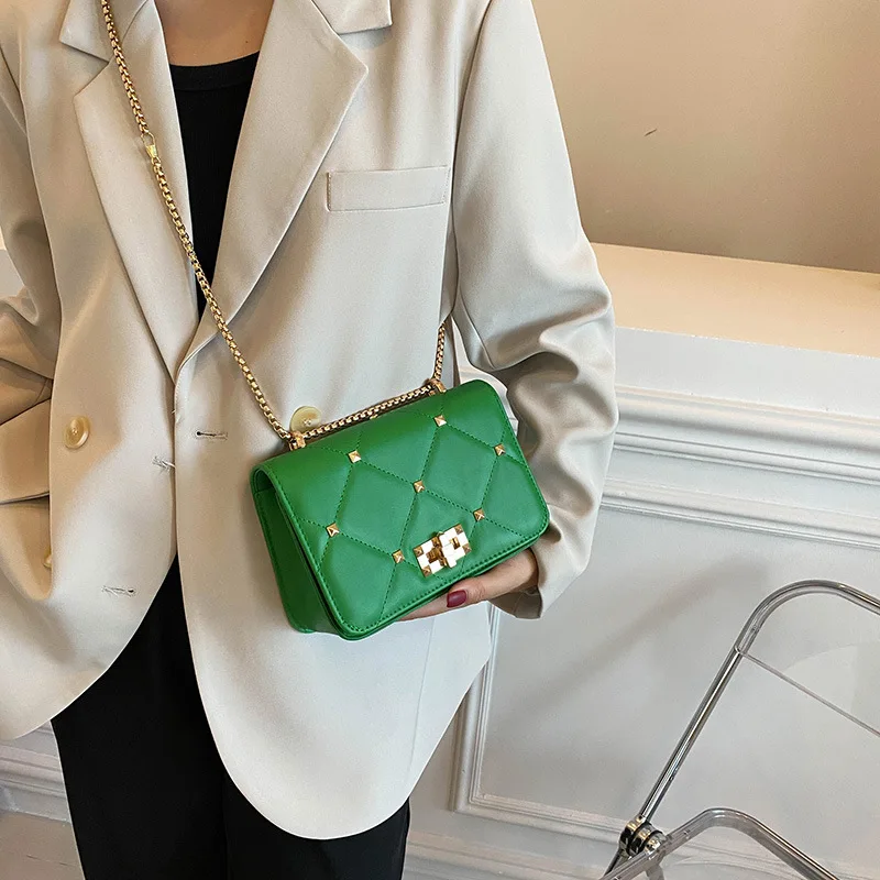 Women Rivet New Trend Simple Fashion Texture Popular Chain Crossbody One Shoulder Small Square Bag Clutch Purse