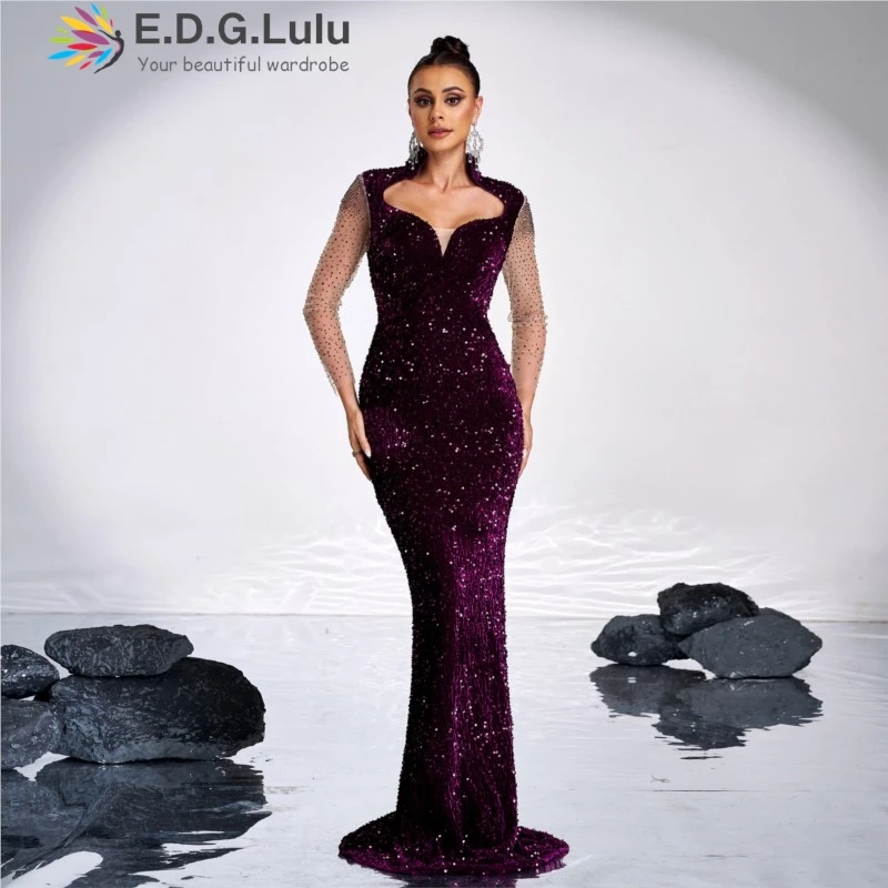 EDGLuLu Square Collar Mesh Long Sleeves Long Dresses Purple Sequin Glitter Party Dresses Woman Elegant Maxi Mermaid Dress 1214