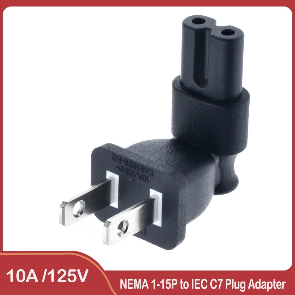 US 2 Prong Right Angle AC Power Adapter, 90 Degree AC Power Plug Adapter IEC C7 Receptacle to NEMA 1-15P 10A 125V