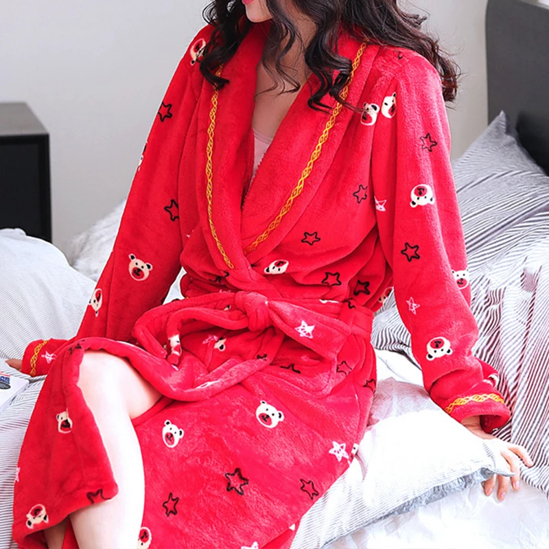 Winter Warm Kimono Robe Women\'s Dressing Gown Coral Fleece Sleepwear Female Print Floral Nightdress Home Wear Terry Bathrobe