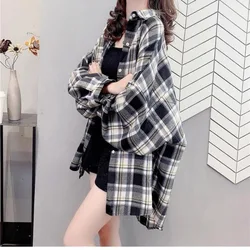 Plaid Shirts Women Long Sleeve Cardigan Vintage Top Black Checked Shirt  Button Up Oversize Korean Fashion Female Coat Jackets