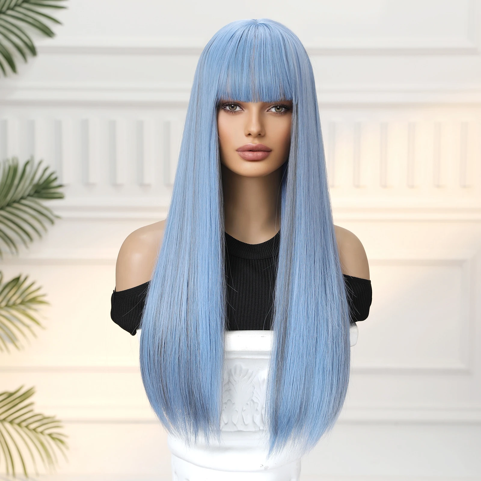 Gray Blue Long Straight Wig with Bangs Natural Thermal Synthetic Wig Bachelorette Party Wig for Women Girls Music Festival Party