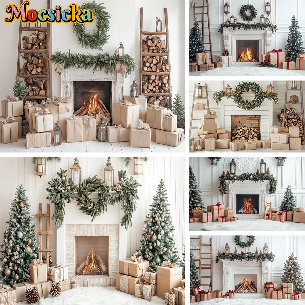

White Christmas Backdrop Photography Winter Xmas Fireplace Gift Wreath Interior Party Decoration Christmas Tree Photo Background