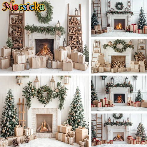 Fondo de Navidad blanco fotografía invierno Navidad chimenea regalo corona Interior decoración de fiesta árbol de Navidad foto fondo