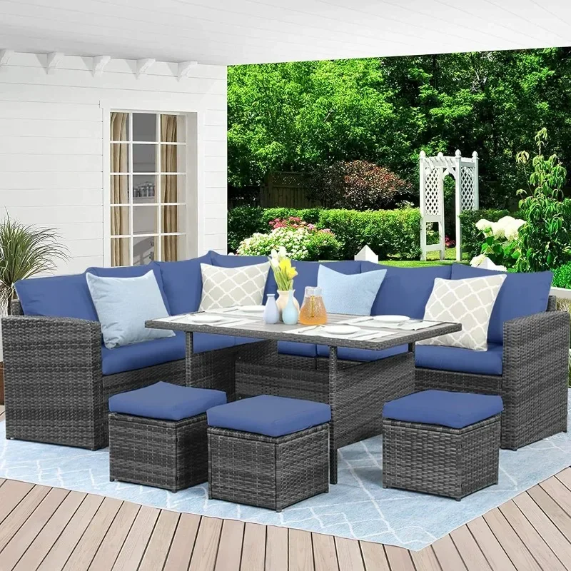 Outdoor Patio Furniture Set,7Piece Outdoor Dining Sectional Sofa with Dining Table and Chair,All Weather Wicker Conversation Set