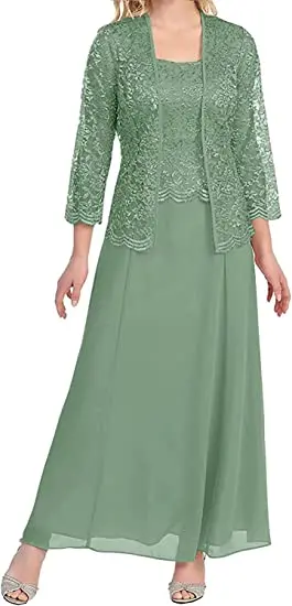 CloverBridal 2023 khaki Women's Summer Dress Lace Jacket 2 Pieces Sunscreen Clothing Chiffon Long Dress Set Mom's Outfit WM9987