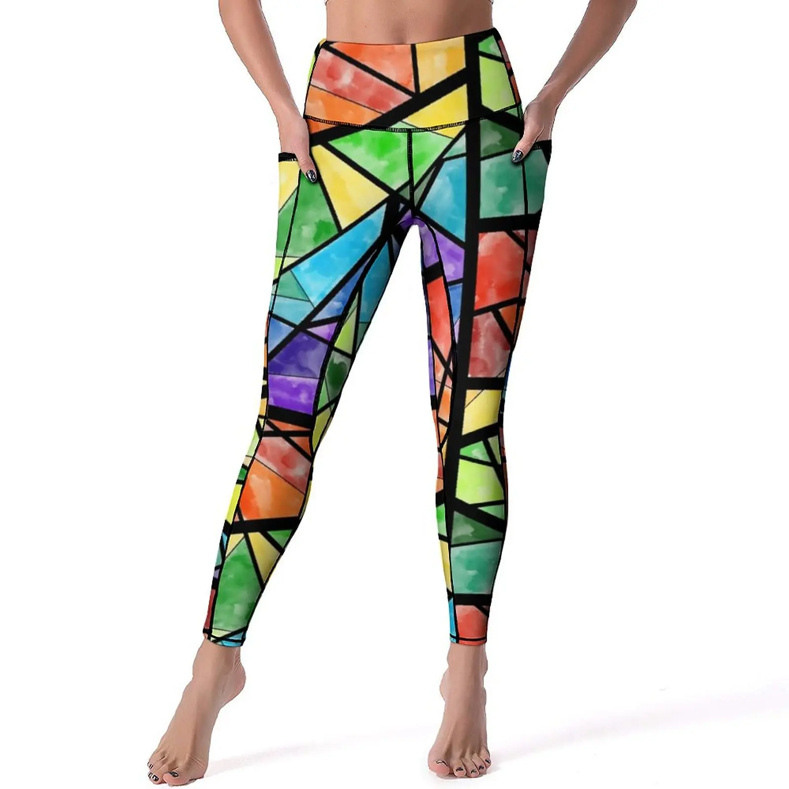 Colorful Geometric Yoga Pants Sexy Stained Glass Print Graphic Leggings Push Up Fitness Leggins Women Breathable Sports Tights