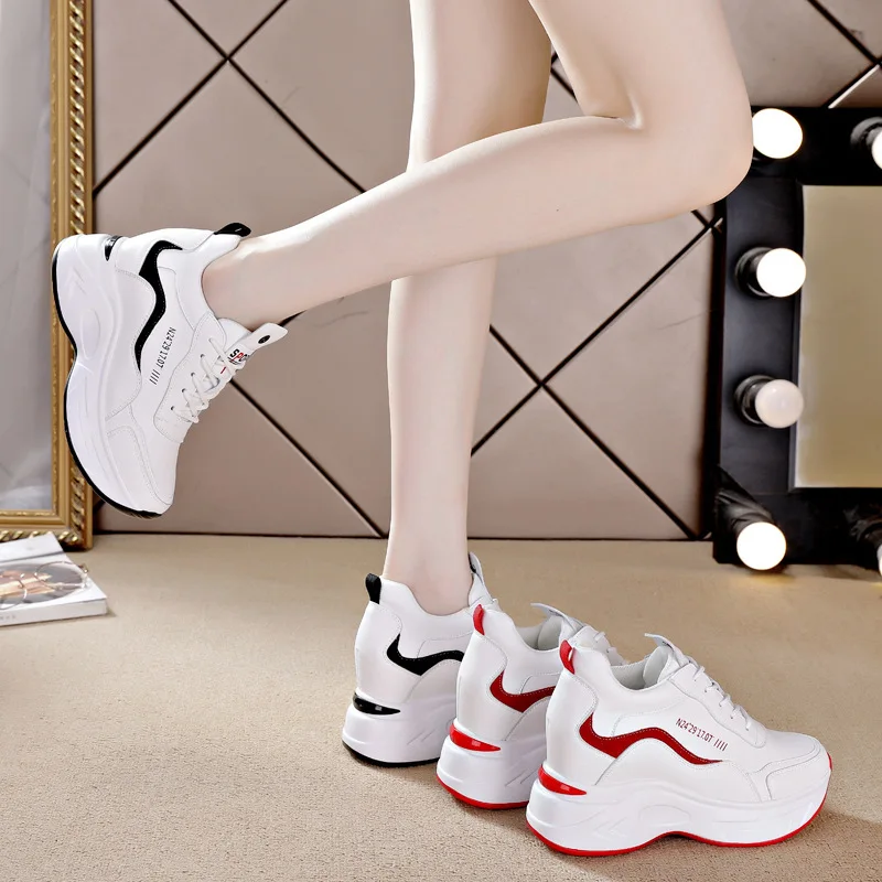 Women Leather Platform Sneakers Spring Trainers White Shoes High Heels Wedge Outdoor Sport Shoes Breathable Casual Shoes New